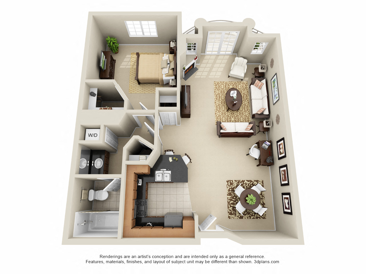 Floor plan for 1 bed, 1 bath, 742 sqft